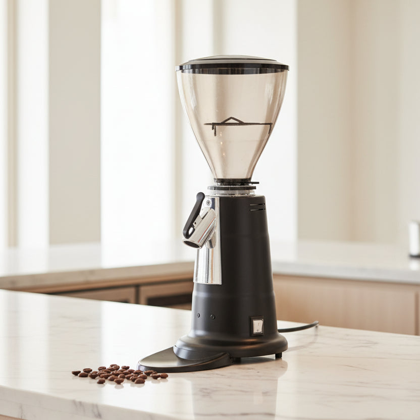 A countertop coffee grinder with a black base, silver metal lever, and a translucent smoky-brown hopper on a white background.