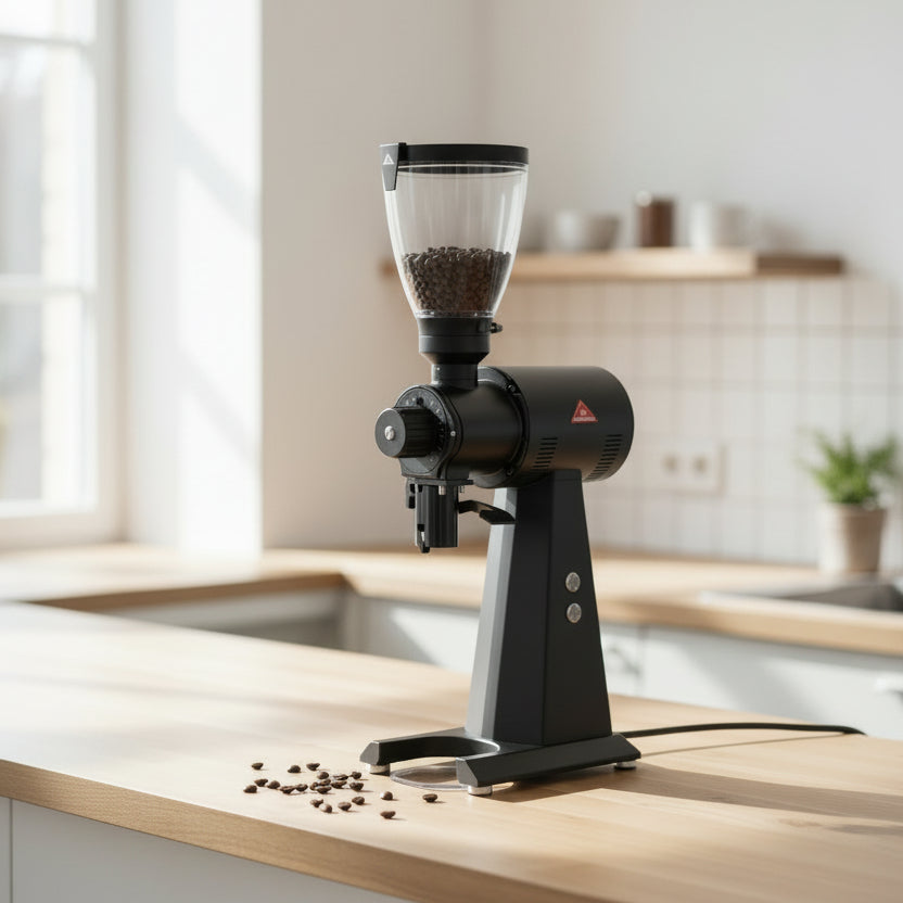 A black electric coffee grinder with a clear bean hopper filled with coffee beans, shown against a plain white background.