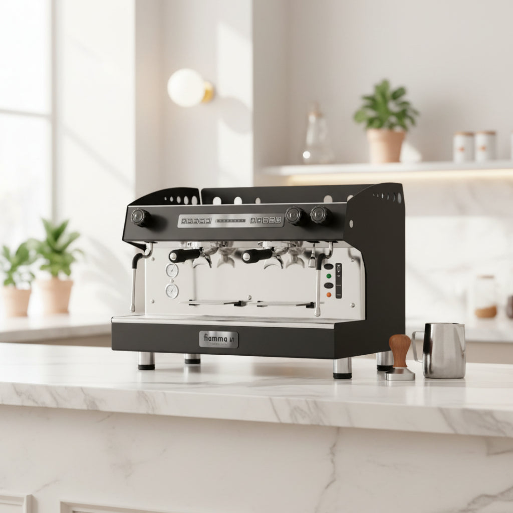 A black and stainless steel commercial espresso machine with two portafilters, pressure gauges, and a digital control panel, shown on a white background.