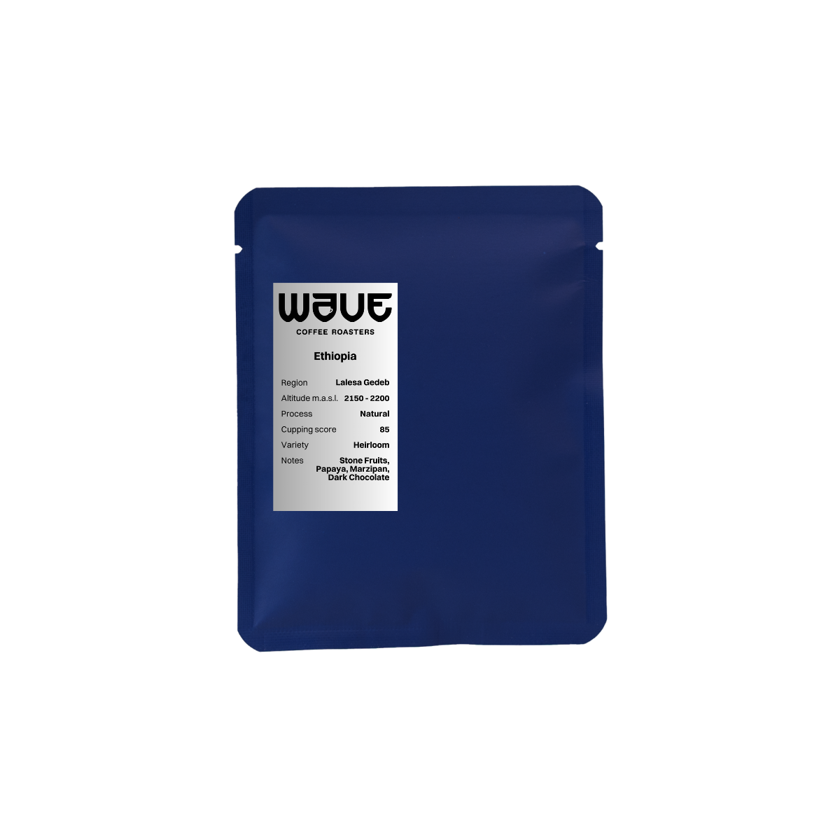 A dark blue drip coffee bag with a white label reading 'wave coffee roasters' and 'Ethiopia', shown on a plain white background.