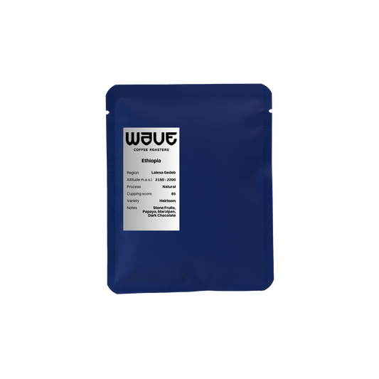 A dark blue drip coffee bag with a white label reading 'wave coffee roasters' and 'Ethiopia', shown on a plain white background.