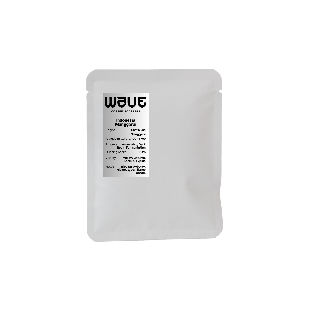 A white drip coffee bag with a black and gray label reading Wave Coffee Roasters, set against a plain white background. Indonesia coffee inside