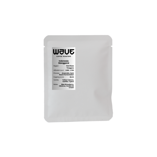 A white drip coffee bag with a black and gray label reading Wave Coffee Roasters, set against a plain white background. Indonesia coffee inside