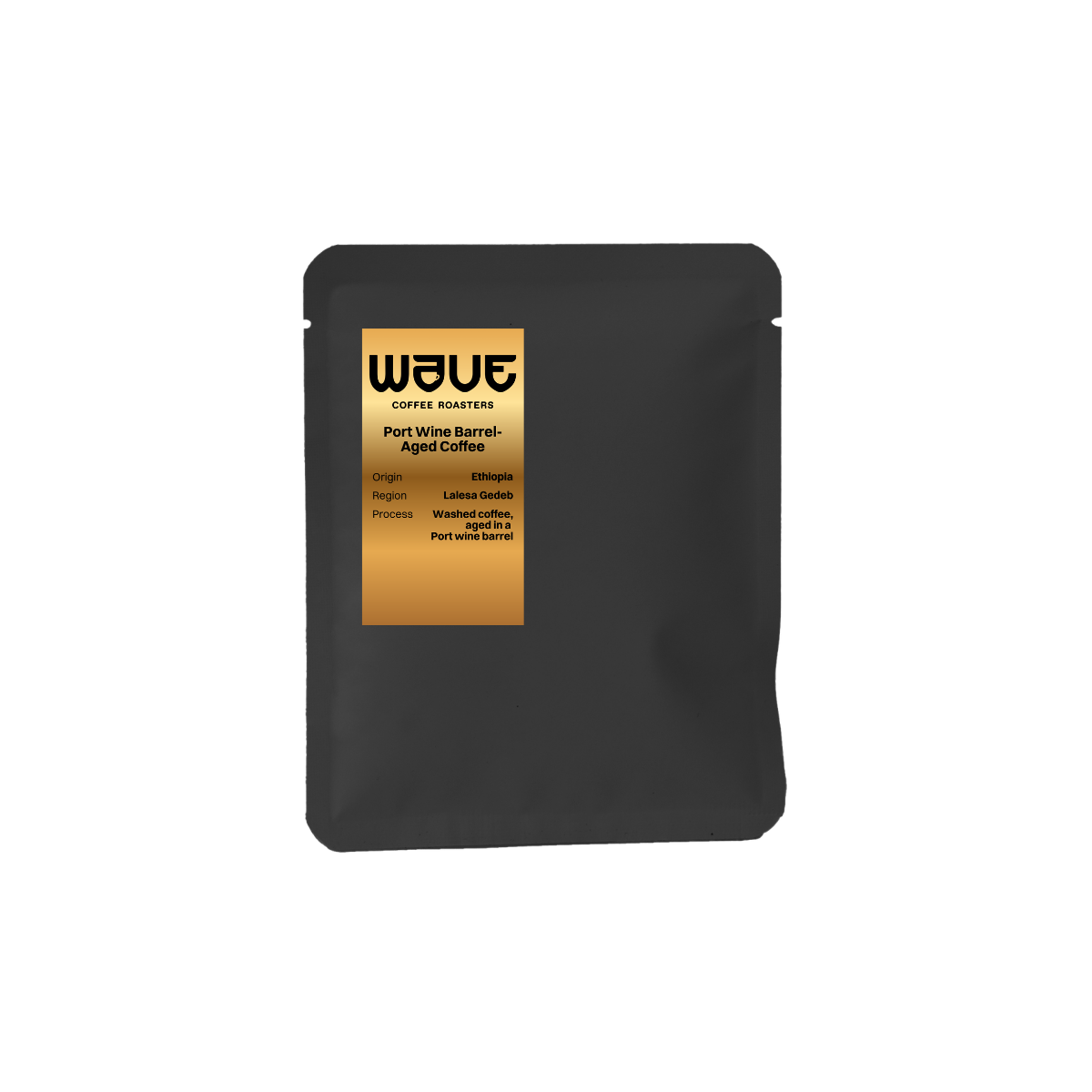 A matte black drip coffee of Wave Coffee Roasters Port Wine Barrel Aged Coffee, featuring a gold label on the front, set against a plain white background. super rare and uniq coffee