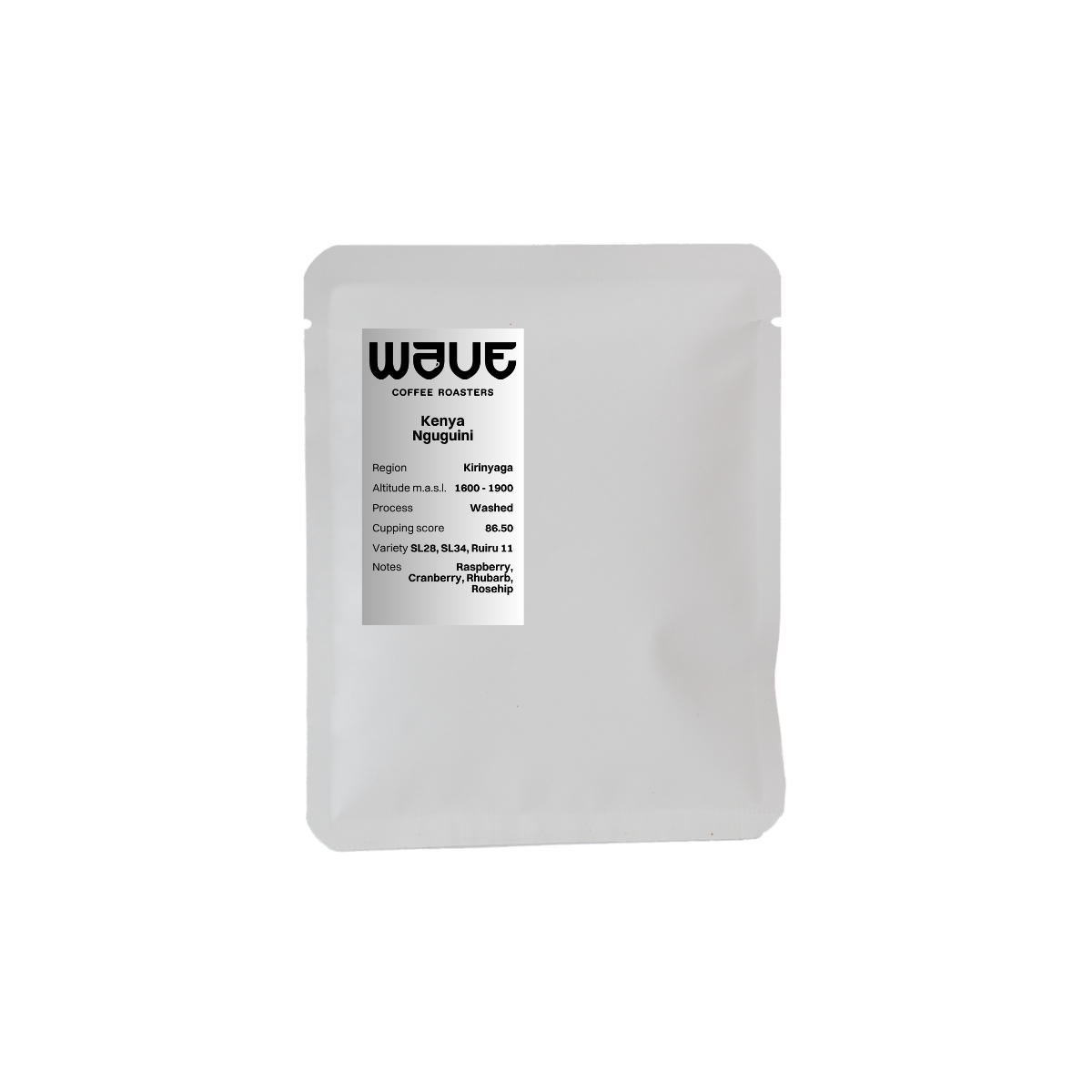 A silver stand-up drip coffee of Wave Coffee Roasters kenya nguguini shown against a plain white background.