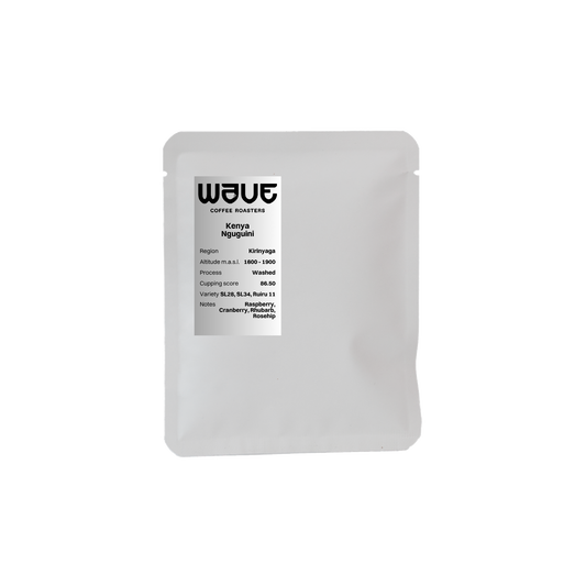 A silver stand-up drip coffee of Wave Coffee Roasters kenya nguguini shown against a plain white background.