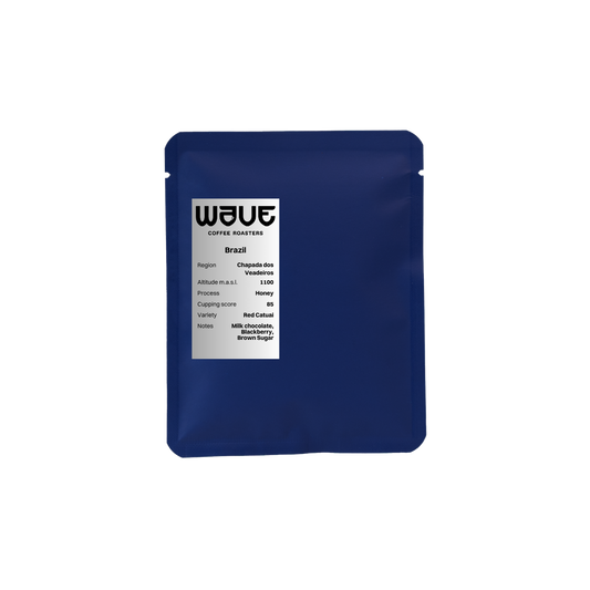 A dark blue stand-up coffee drip with a white label reading WAVE COFFEE ROASTERS' and 'Brazil' on a plain white background.