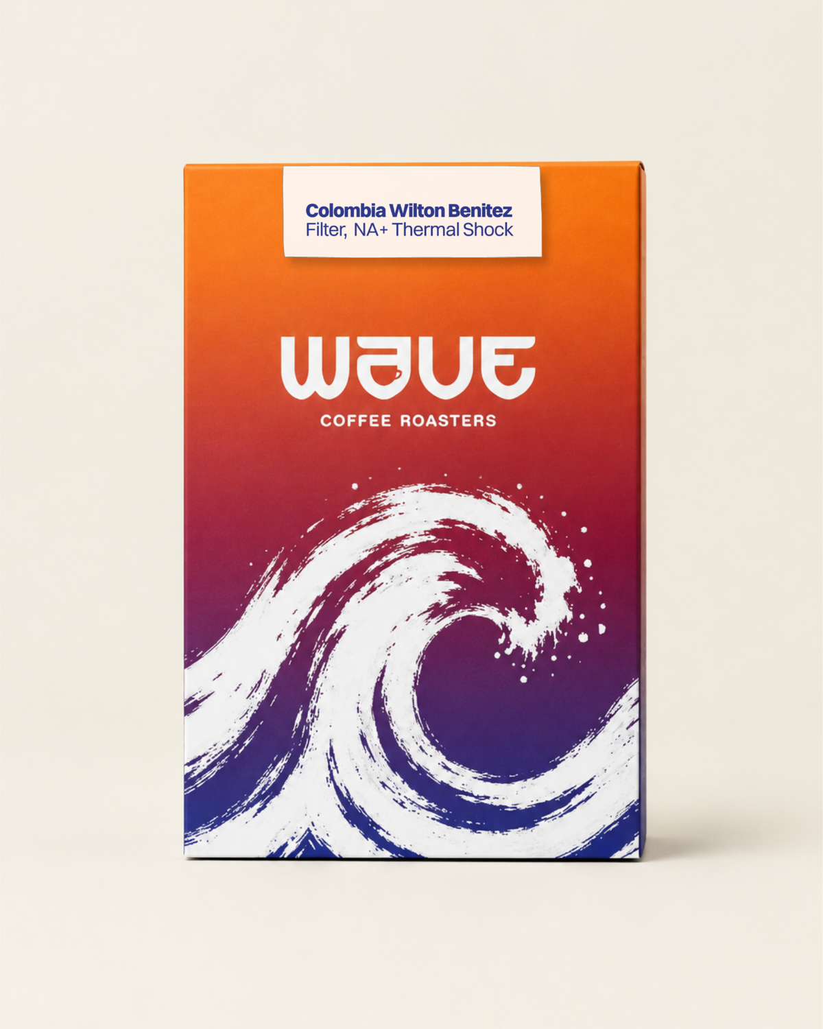 A rectangular coffee box for Wave Coffee Roasters, featuring a vibrant orange-to-purple gradient with a white wave graphic and a white label at the top reading 'Colombia Wilton Benitez, Filter, NA (Natural Anaerobic) + Thermal Shock'.