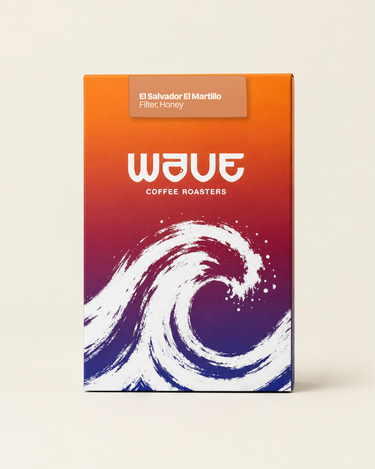 A rectangular coffee roaster box standing upright on a light beige background. The box has a bright orange-to-purple-to-blue gradient design with a large white wave illustration and the visible brand name 'wave coffee roasters' with specialty coffee label: 'El Salvador El Martillo Filter, Honey'