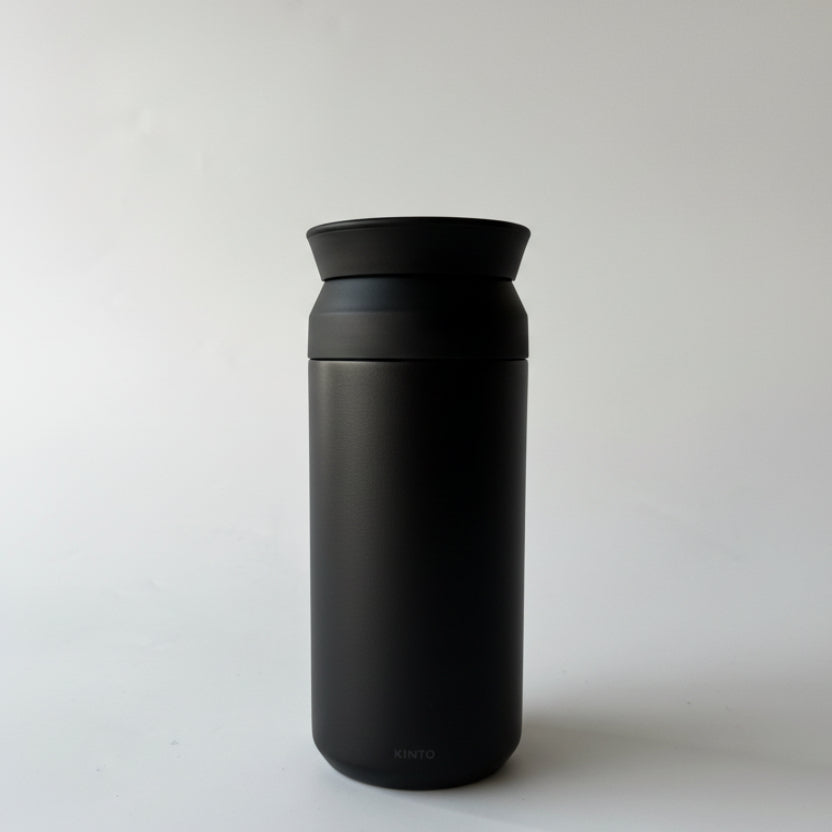Black water bottle with a brand logo on a white background
