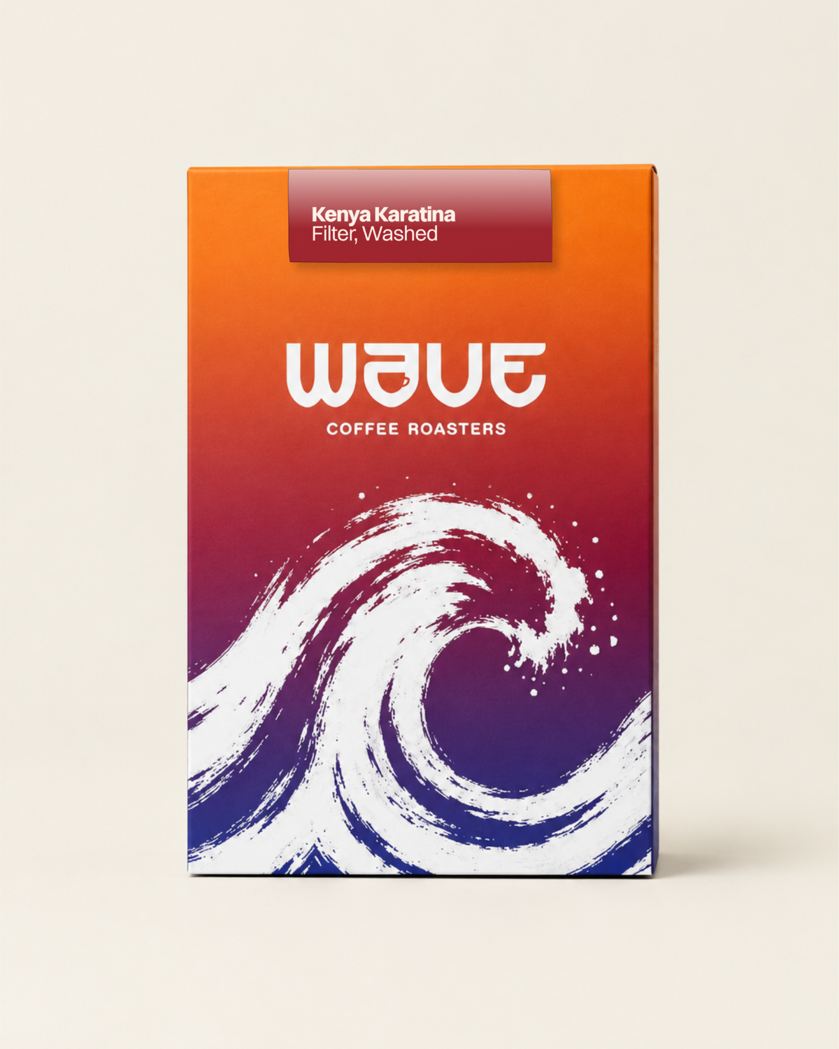 A rectangular coffee roaster box standing upright on a light beige background. The box has a bright orange-to-purple-to-blue gradient design with a large white wave illustration and the visible brand name 'wave coffee roasters' with specialty coffee label: 'Kenya Karatina Filter, Washed'