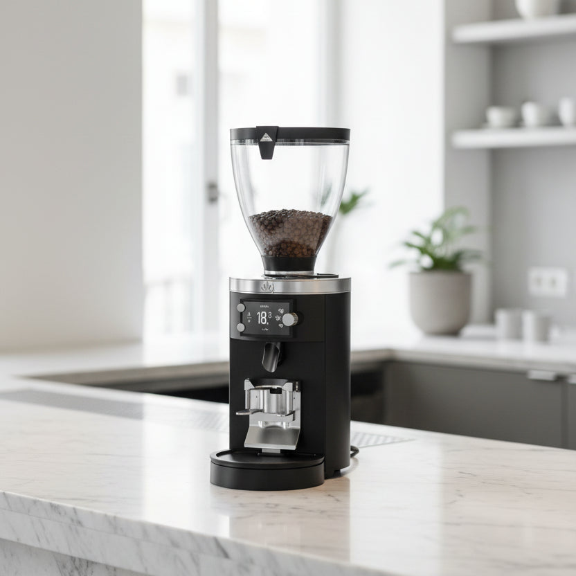 A sleek black electric coffee grinder with a clear hopper filled with coffee beans, set against a solid white background.