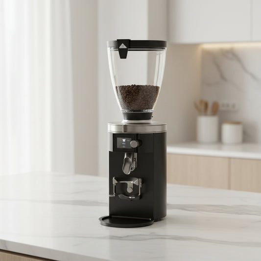 Professional coffee grinder Mahlkoning e65, black color on white marble deck