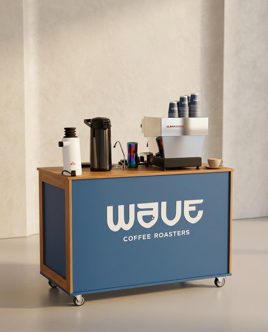A blue and wood rolling coffee cart with the 'wave COFFEE ROASTERS' logo on the front, styled with coffee equipment including a coffee machine, cups, and thermal carafes against a minimalist beige wall background.
