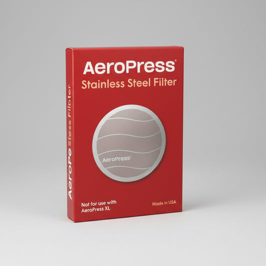 Aeropress stainless steel filter packaging on a white background