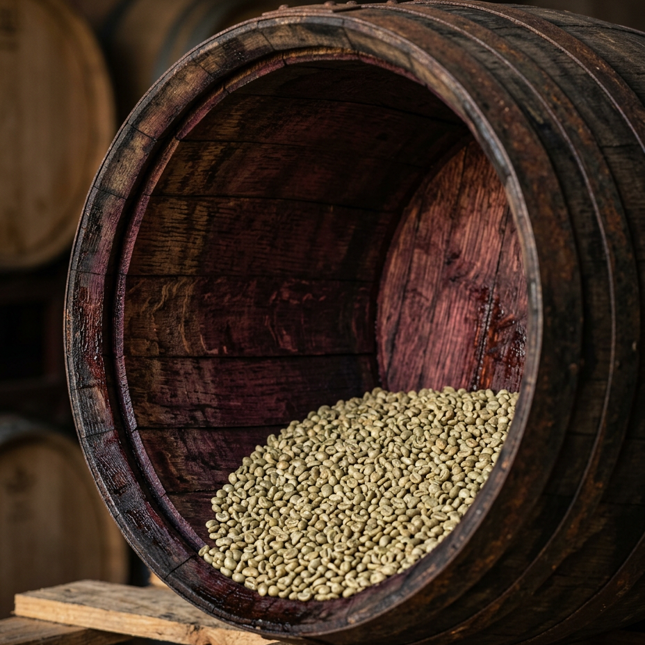 A close-up of a large dark wooden barrel lying on its side, filled with pale green hop pellets, with blurred wooden barrels in the background.