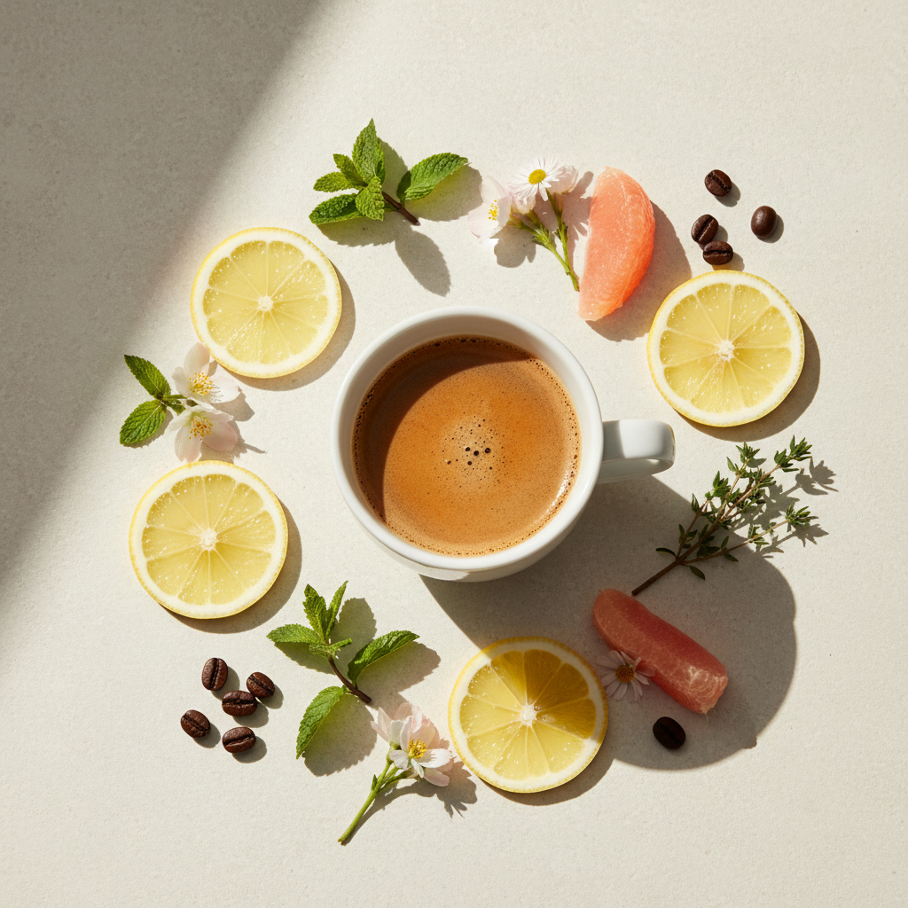 A top-down styled flat lay of a white ceramic cup filled with a frothy coffee drink, surrounded by sliced lemons, grapefruit wedges, mint leaves, small white flowers, and coffee beans on a warm off-white surface with strong diagonal shadows.