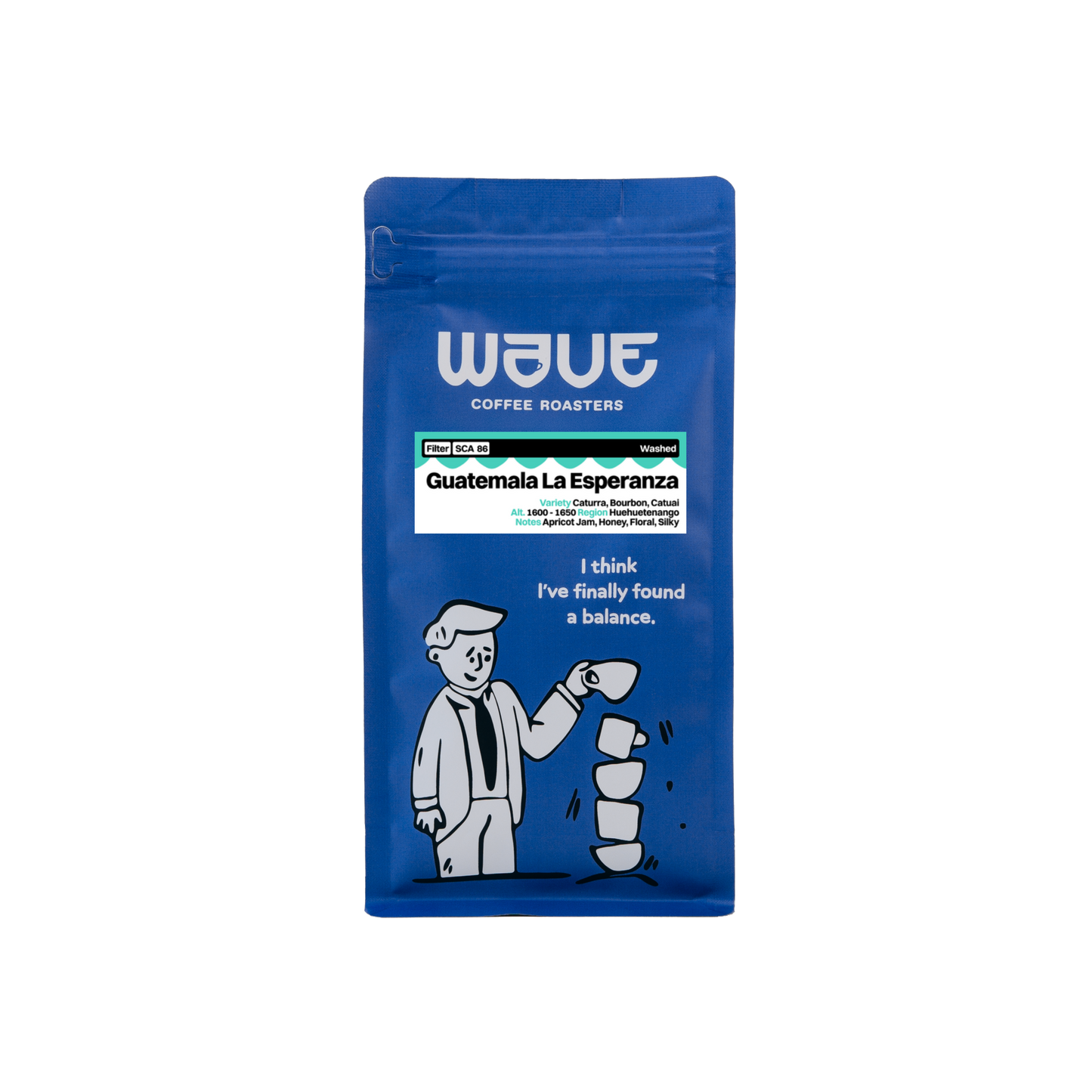 A blue stand-up pouch of Wave Coffee Roasters Guatemala La Esperanza medium roast coffee, featuring white text and a cartoon illustration of a man balancing coffee cups on a white background.