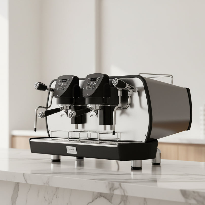 A professional espresso machine with a matte black and dark gray body, featuring two digital control panels, stainless steel steam wands, and a drip tray on a white background.