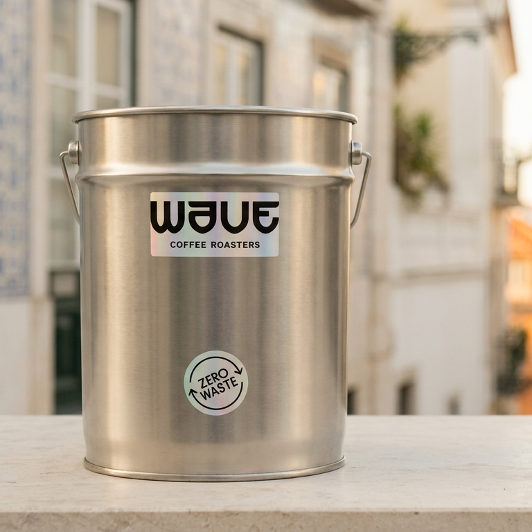 A brushed stainless steel coffee canister with a silver lid sits on a stone ledge outdoors, with a blurred street scene in the background. The canister features a white label with the black text 'wave COFFEE ROASTERS' and a circular 'ZERO WASTE' sticker.