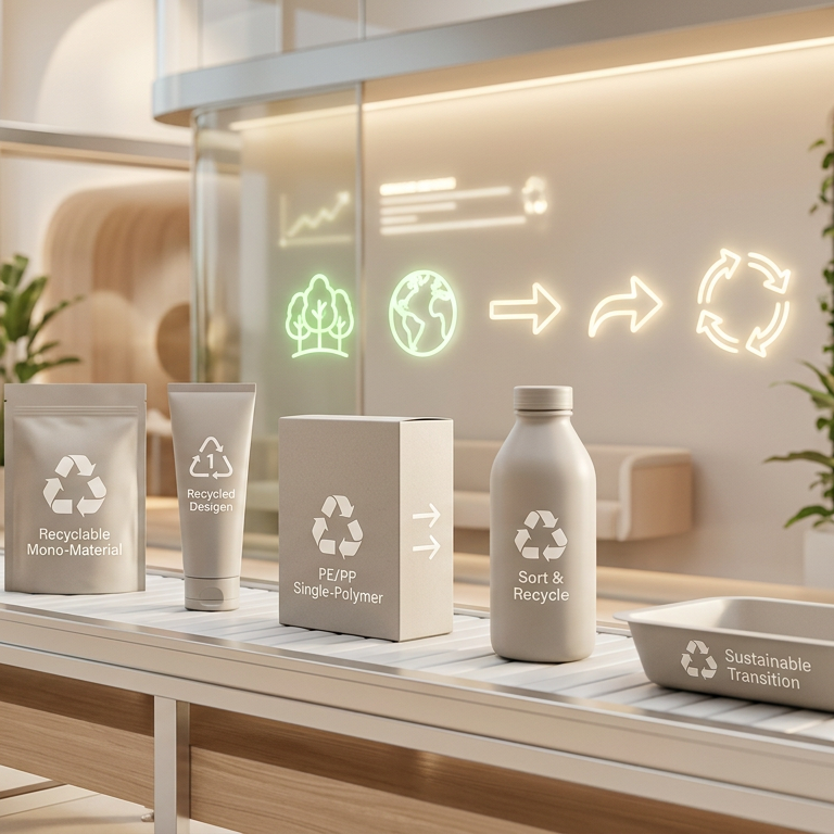 A promotional mockup showing recyclable mono-material packaging items arranged on a countertop in a modern kitchen-like interior. The set includes a box, tubes, and a bottle, all in a light warm gray tone with recycling symbols printed on them.