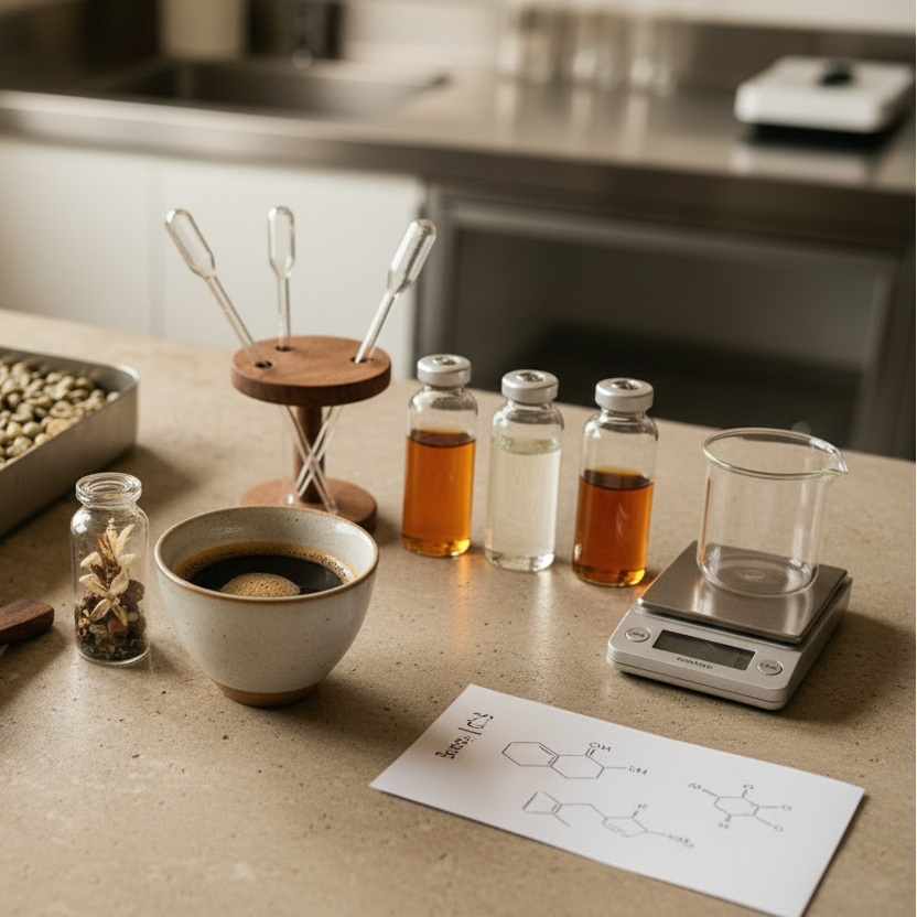Raw green coffee beans in a metal tray on a stone countertop, with a small glass jar and wooden scoop beside it and bags of coffee in a rustic room in the background.