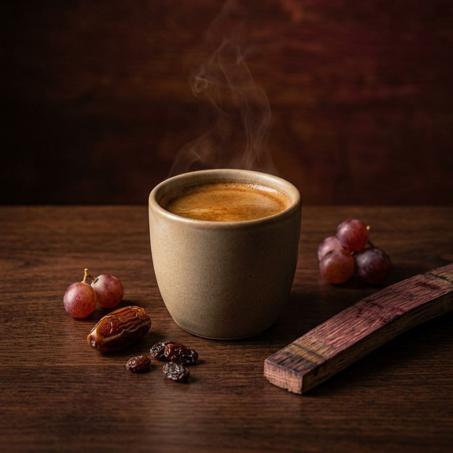 A steaming cup of espresso or coffee in a beige ceramic mug, set on a dark wooden table with grapes, a date, and a wooden spoon nearby.