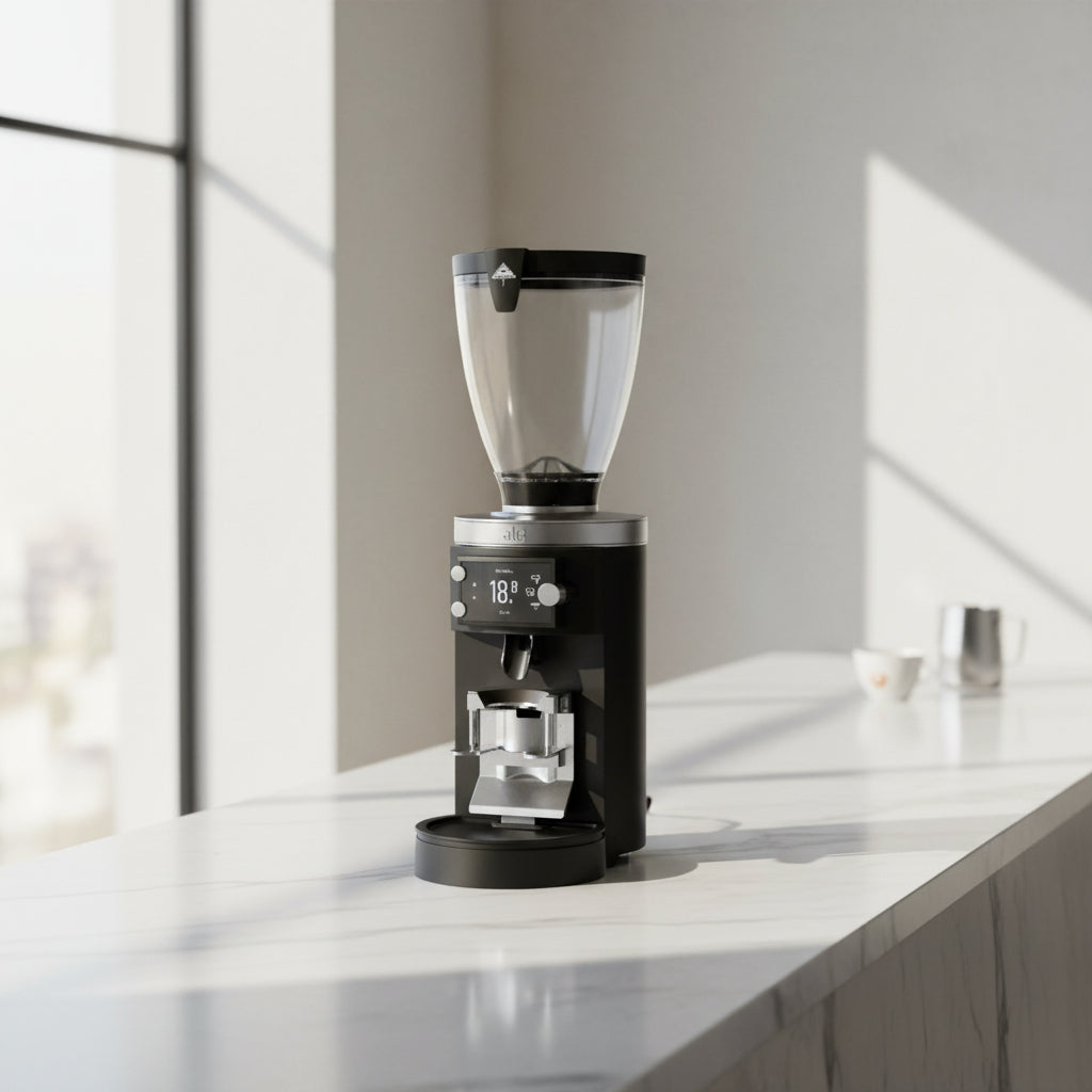 Black coffee grinder with clear top on a white background