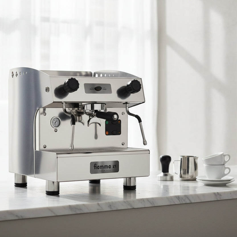 A professional semi-automatic espresso machine in polished stainless steel with black accents, featuring a digital control panel, pressure gauge, steam wand, and portafilter, branded 'fiamma '.