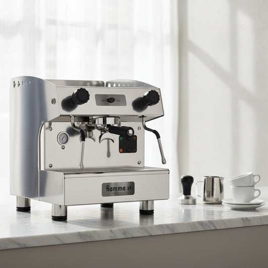 A professional semi-automatic espresso machine in polished stainless steel with black accents, featuring a digital control panel, pressure gauge, steam wand, and portafilter, branded 'fiamma '.