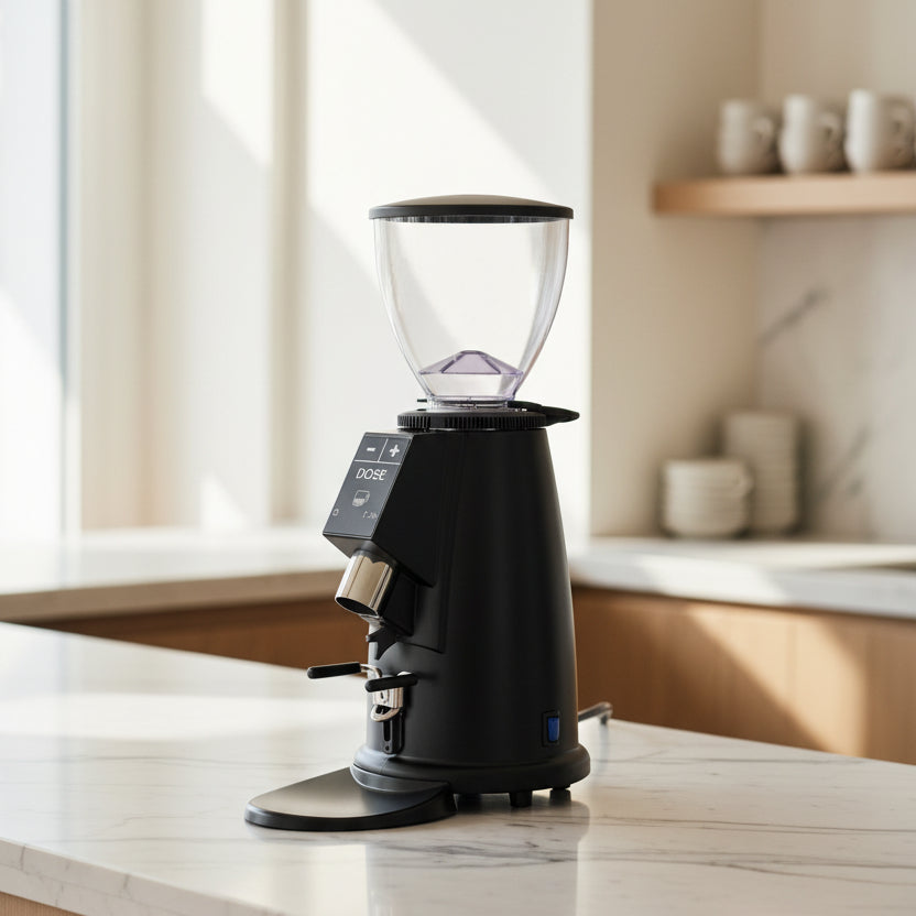 A black electric coffee grinder with a clear hopper and digital display, shown on a solid white background.