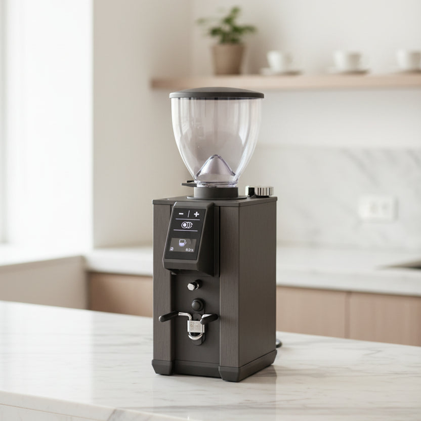 A dark gray electric coffee grinder with a clear hopper and a digital control panel, shown on a solid white background.