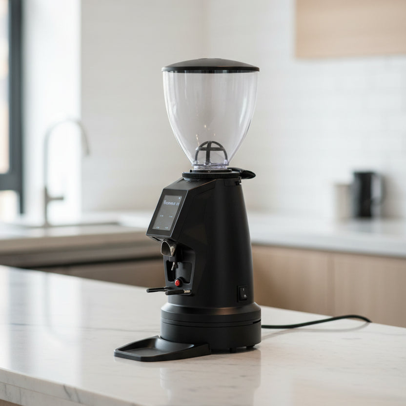 A black coffee grinder with a clear hopper on a white background.