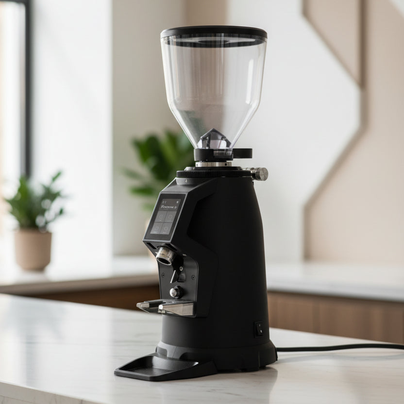 A professional electric coffee grinder with a matte black body, a clear hopper, and a digital display screen, shown on a solid white background.