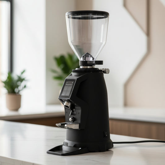 A professional electric coffee grinder with a matte black body, a clear hopper, and a digital display screen, shown on a solid white background.