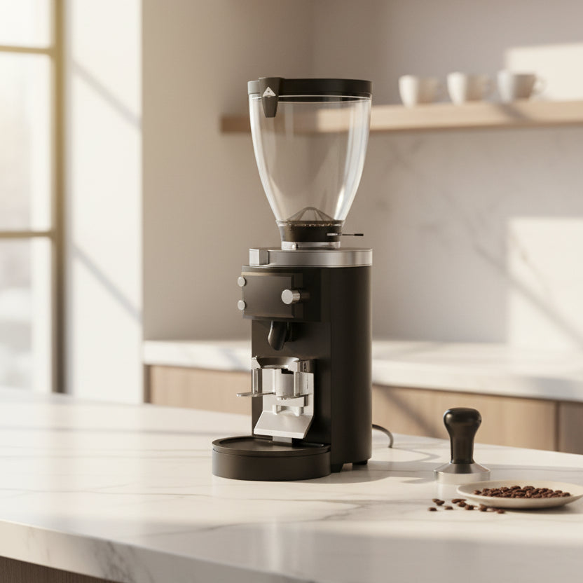 A black electric coffee grinder with a clear bean hopper filled with coffee beans, shown on a light gray background.