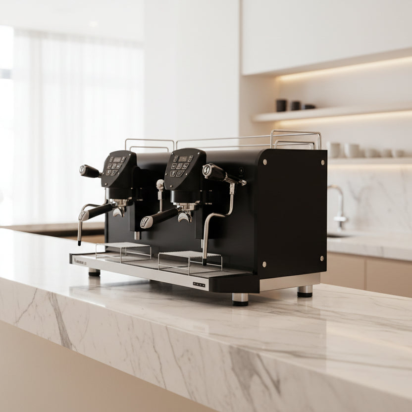 Commercial espresso machine with two spouts on a white background