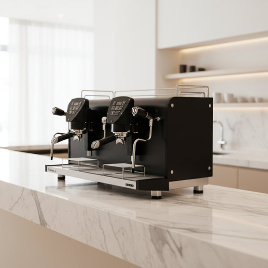 Commercial espresso machine with two spouts on a white background