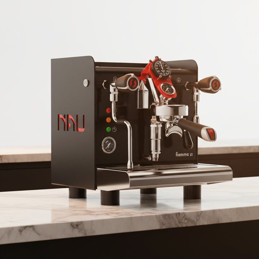 Black and red espresso machine with 'Nau' branding on a white background