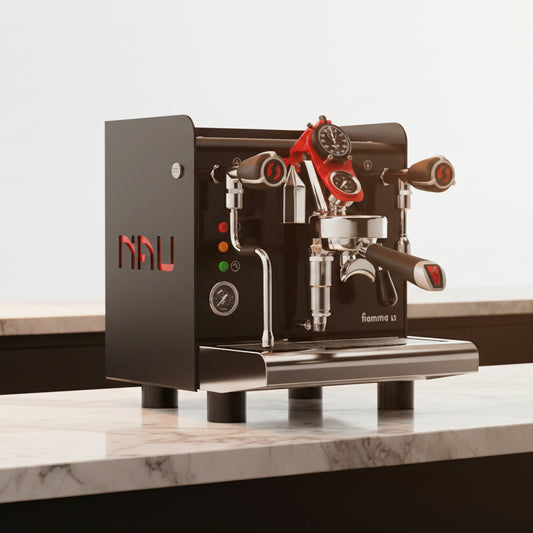 Black and red espresso machine with 'Nau' branding on a white background