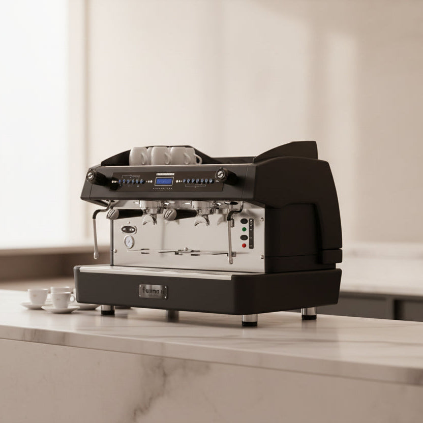 A commercial-grade espresso machine with a black casing, stainless steel interior, dual portafilter hoods, and a digital control panel, shown on a white background.