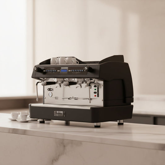 A commercial-grade espresso machine with a black casing, stainless steel interior, dual portafilter hoods, and a digital control panel, shown on a white background.