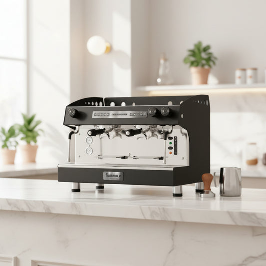 A black and stainless steel commercial espresso machine with two portafilters, pressure gauges, and a digital control panel, shown on a white background.