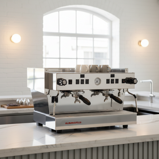 White espresso machine with 'La Marzocco' branding 