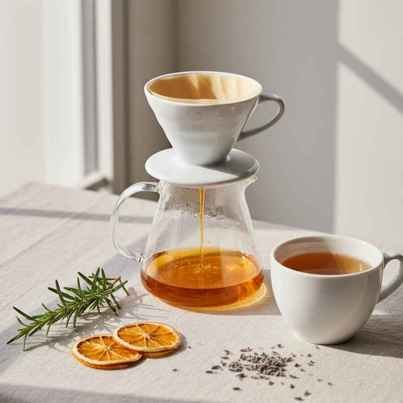 A pour-over coffee setup on a light tablecloth with warm sunlight: a white ceramic dripper on a glass carafe, tea or coffee being poured, alongside a white cup, rosemary, dried orange slices, and loose tea leaves.